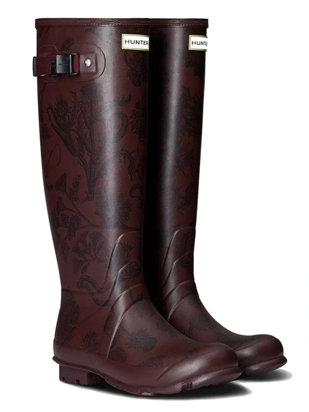 Hunter Women’s Norris Field Printed Tall Rain Boots Burgundy Waterproof Size 7